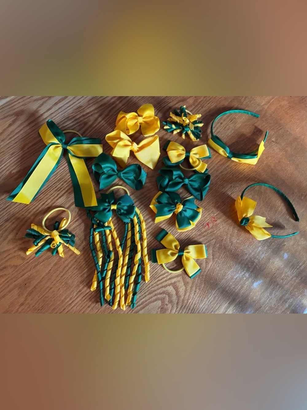 Yellow and Green Ribbon Kids Hair Bows, Headbands & Ponytail set (14 items)